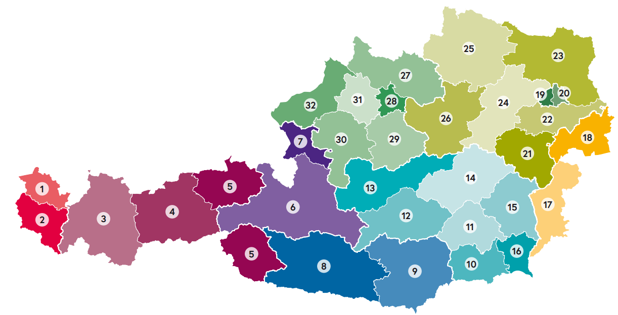 Übersichtskarte aller 32 Bildungsregionen in Österreich